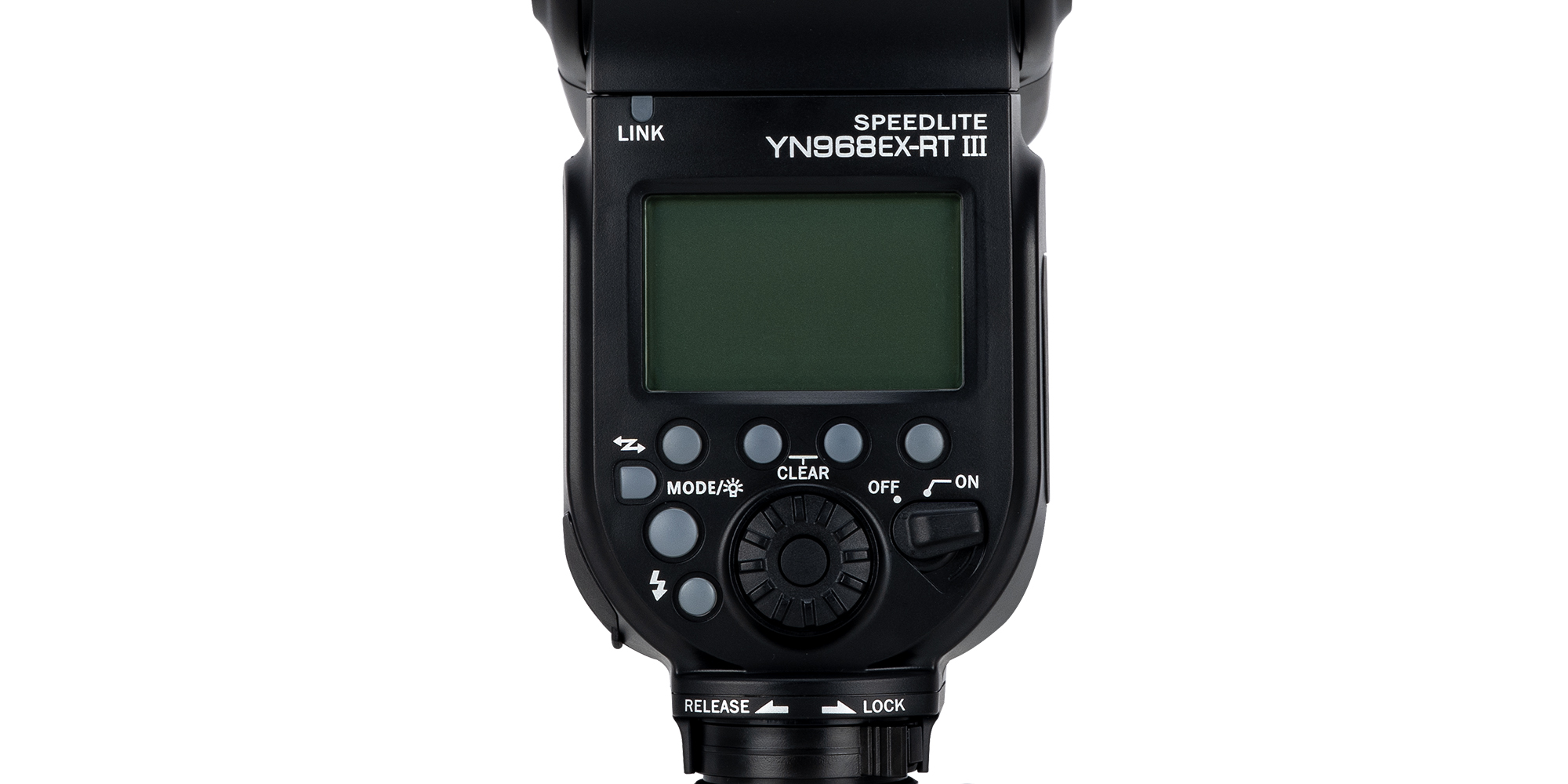 Lampa błyskowa Yongnuo YN968EX-RT III do Canon - zbliżenie na ekran i przyciski urządzenia